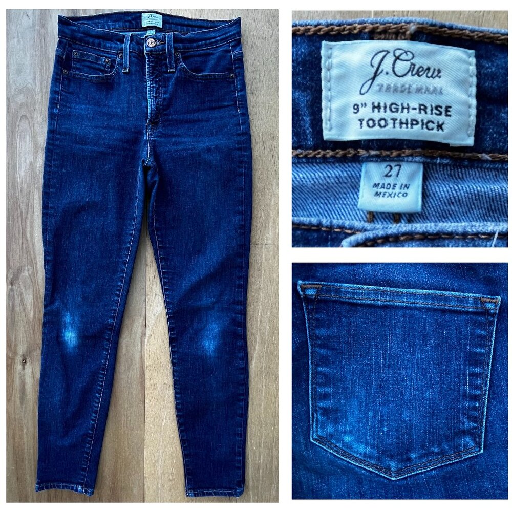 J CREW 9” HIGH RISE TOOTHPICK JEANS WOMEN’S sz 27 Distressed Denim